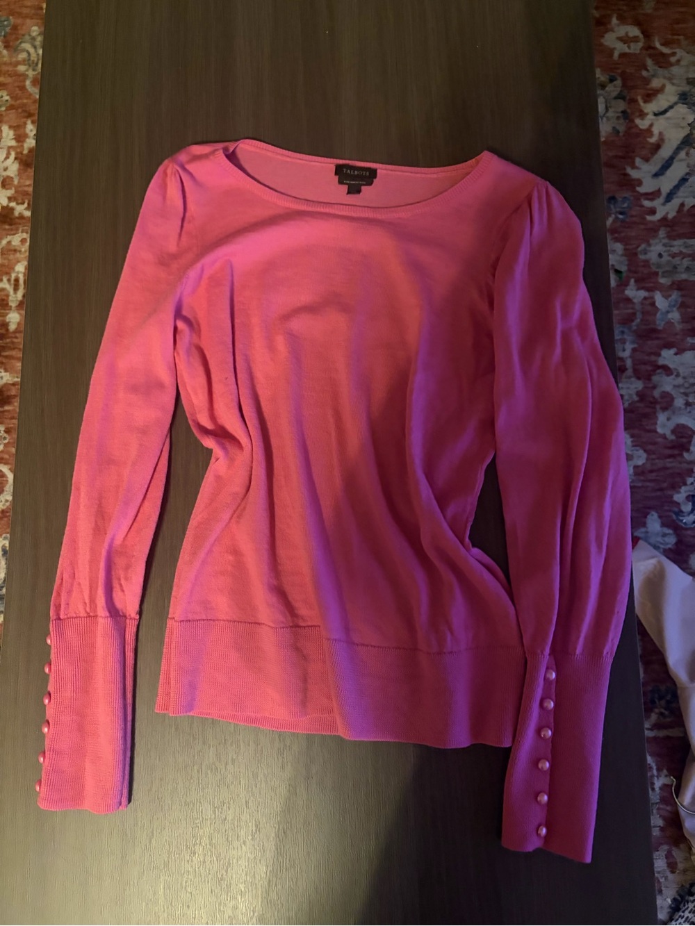 Talbots Hot Pink Long-Sleeve Crewneck Sweater with Button Cuffs
